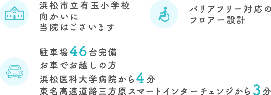 浜松市立有玉小学校向かいに当院はございます。バリアフリー対応のフロアー設計。駐車場46台完備。お車でお越しの方へ、浜松医科大学病院から4分、東名高速道路三方原スマートインターチェンジから3分