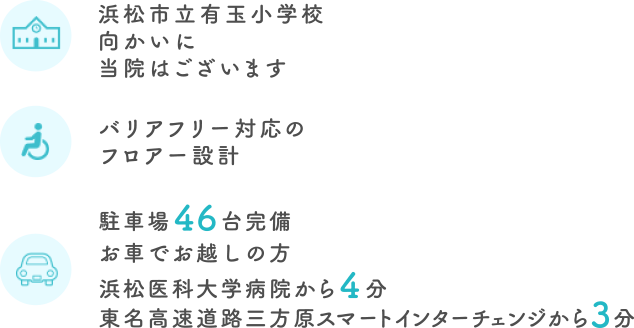 浜松市立有玉小学校向かいに当院はございます。バリアフリー対応のフロアー設計。駐車場46台完備。お車でお越しの方へ、浜松医科大学病院から4分、東名高速道路三方原スマートインターチェンジから3分